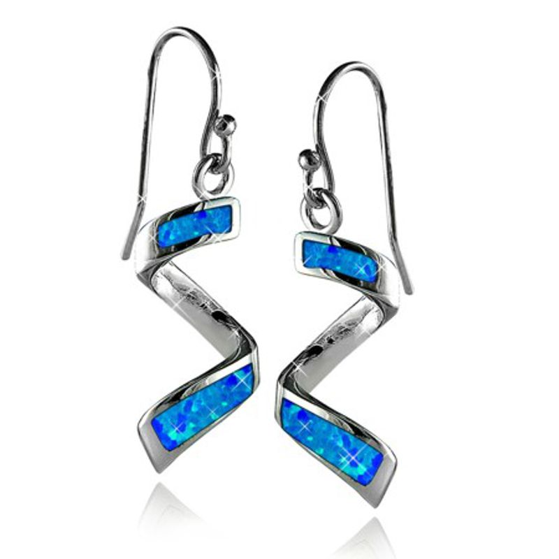 Sterling Silver Blue Opal Corkscrew Spiral Earrings - Click Image to Close